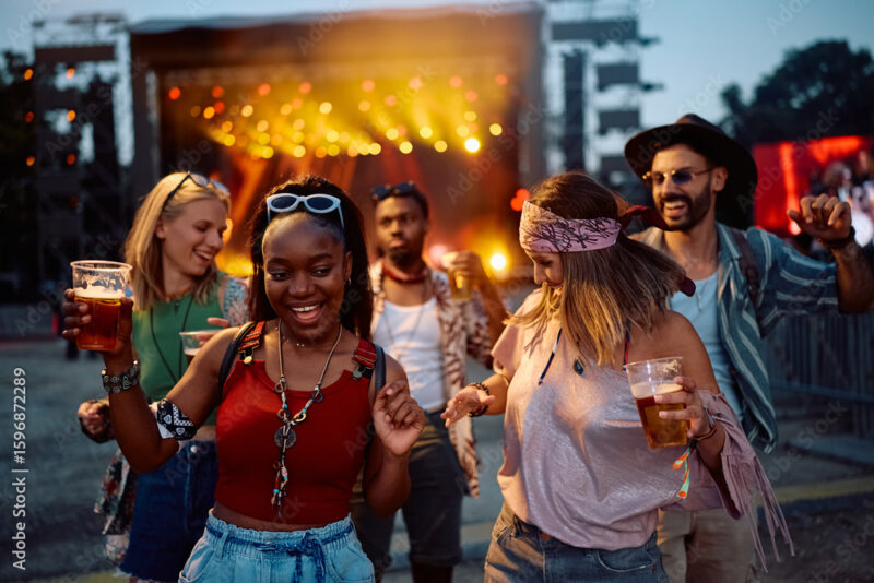 Cheerful friends dancing and having fun at summer music festival.